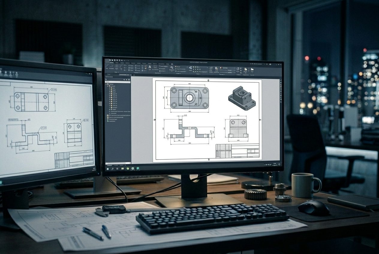 Dimensioned manufacturing drawing of a machined part on a workstation monitor