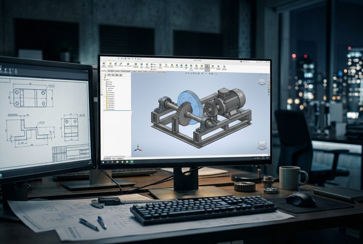3D CAD assembly of a gear-driven machine on a workstation monitor